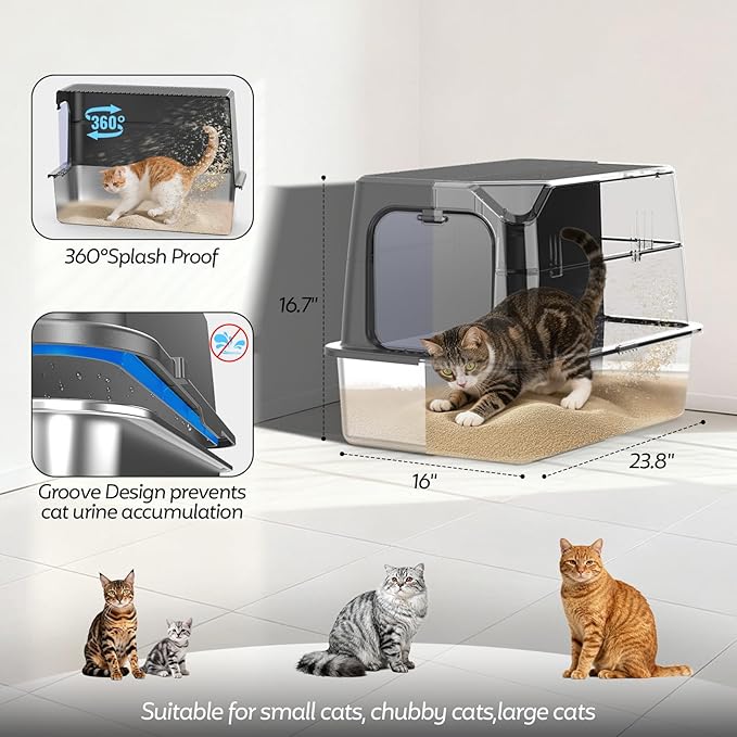 Enclosed Stainless Steel Cat Litter Box with Lid, XL Extra Large Litter Box for Big Cats, Metal Litter Pan High Sided, Never Absorbs Odors, Anti-Urine Leakage, Include Scoop (Dark Grey)