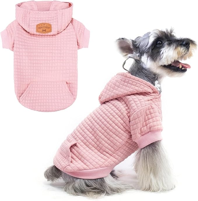 BEAUTYZOO Small Dog Hoodie Sweater with Pockets, Dog Clothes for Small Medium Dogs Boy Girl, Waffle-like Laminated Cotton Pet Coats with Hat and Leash Hole, All Weather Coat for Puppy Doggie Chihuahua