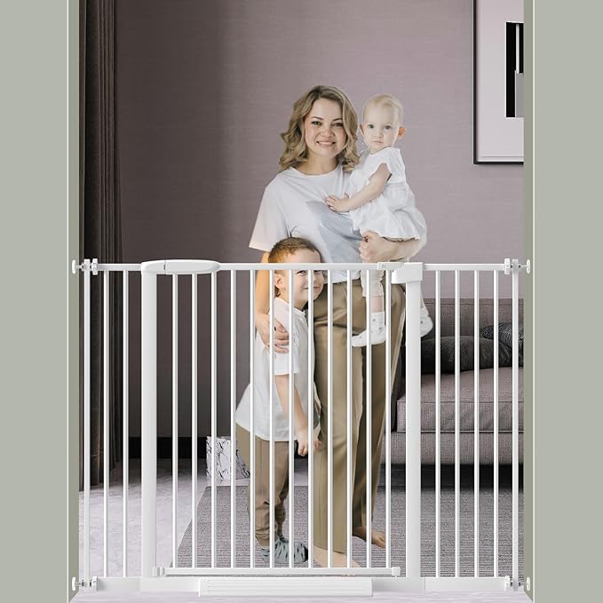 DEARBB Extra Wide Baby Gate Ultra Narrow Spacing 30.11-77.36" Pressure Mounted Double Lock Swing Auto Close Walk Through Metal Safety Pet Gate for Stairs and House Doorway Kitchen
