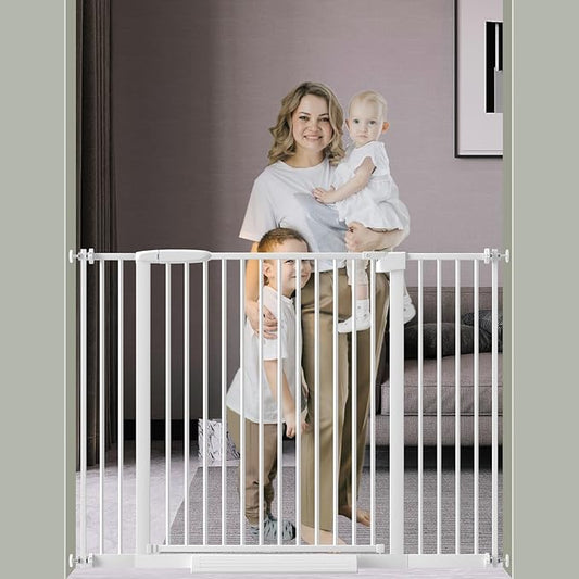 DEARBB Extra Wide Baby Gate Ultra Narrow Spacing 30.11-77.36" Pressure Mounted Double Lock Swing Auto Close Walk Through Metal Safety Pet Gate for Stairs and House Doorway Kitchen