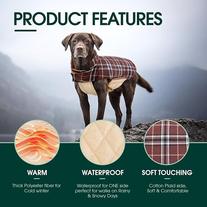 Kuoser Warm Dog Coat, Waterproof Dog Jacket for Extra Large Dogs, Adjustable Durable XXXL Doggie Winter Coat Reversible Puppy Cold Weather Apparel for Large Breed, Brown 3XL
