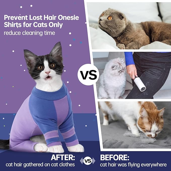 Sticky Hair Cat Clothes, Four-Leg Long Sleeve Cat Pajamas, Prevent Fur Shedding Kitten Onesie Shirts, Surgery Recovery Suit for Male Female, Wound Protection & Preventing Licking