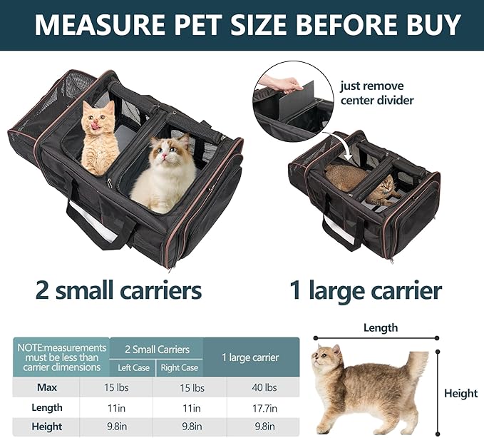 Cat Carrier for 2 Cats - Portable Dual Cat Travel Carrier Bag for Traveling, INRLKIT Cat Carrier with Litter Box, Portable Double Cat Travel Carrier for Camping (Black)