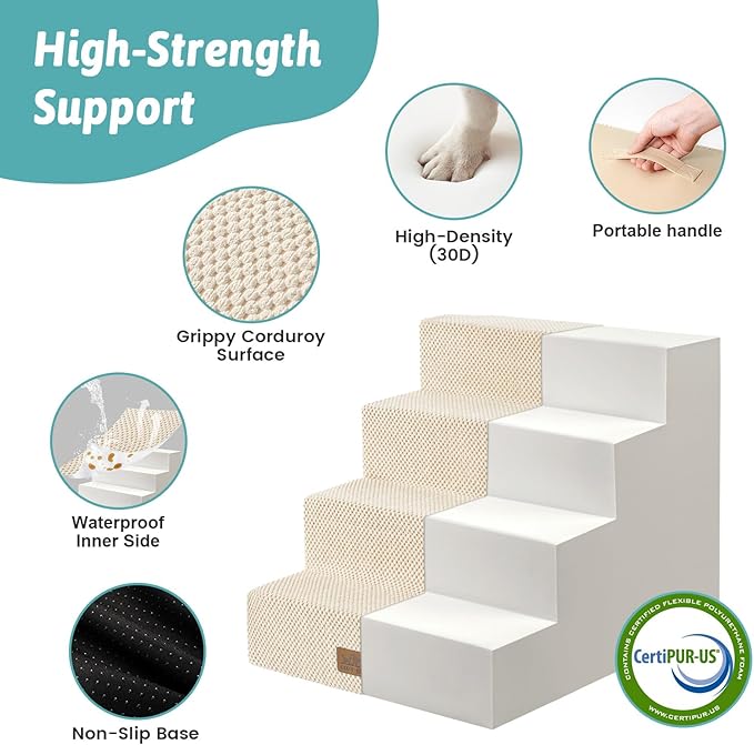 Dog Stairs for Small Dogs, 4 Tier Pet Stairs for Couch and Beds, 17.7" H Non-Slip Dog Steps for Old Cats, Puppy, Small Medium Dogs, 15.7x23.6x17.7 inch, Beige