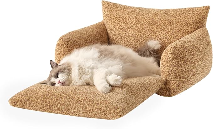 Hollypet Cat Bed Fluffy Plush Mutifuctional Double-Layer Soft Pet Couch Orthopedic Sofa Nest Beds for Small Cats and Dogs, Yellow Leopard (25x20x13 inch)