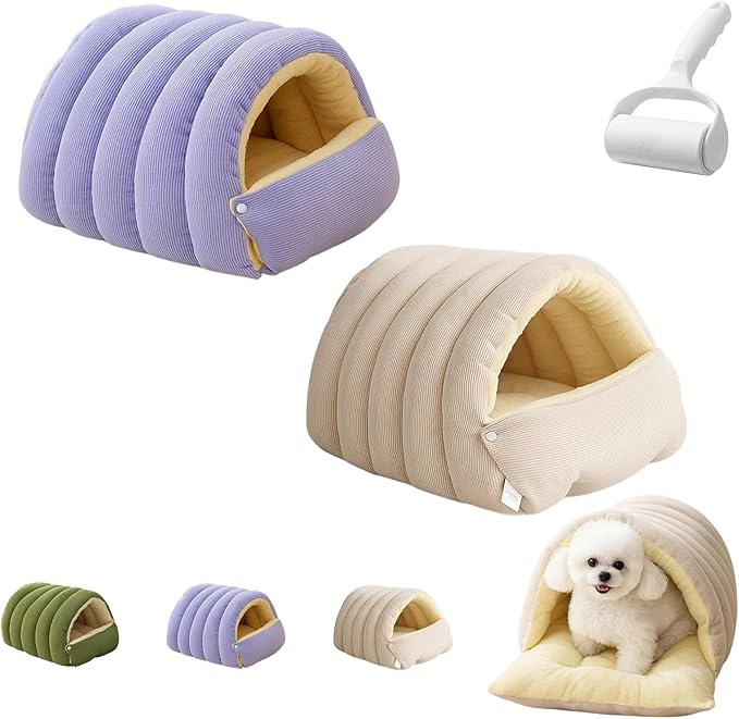 Cutypet Winter Cave, Cutypet Cat Winter Cave, Cute Cat Beds for Indoor Cats, Disassembled Design for Easier Cleaning, with Hair Remover, Suitable for Cats and Small Dogs (Purple+Beige, Small)