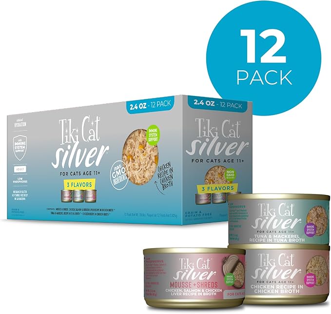 Tiki Cat Silver Variety Pack, Immune System Support Formulated for Older Cats Aged 11+, Senior Wet Cat Food, 2.4 oz. Can (12 Count)