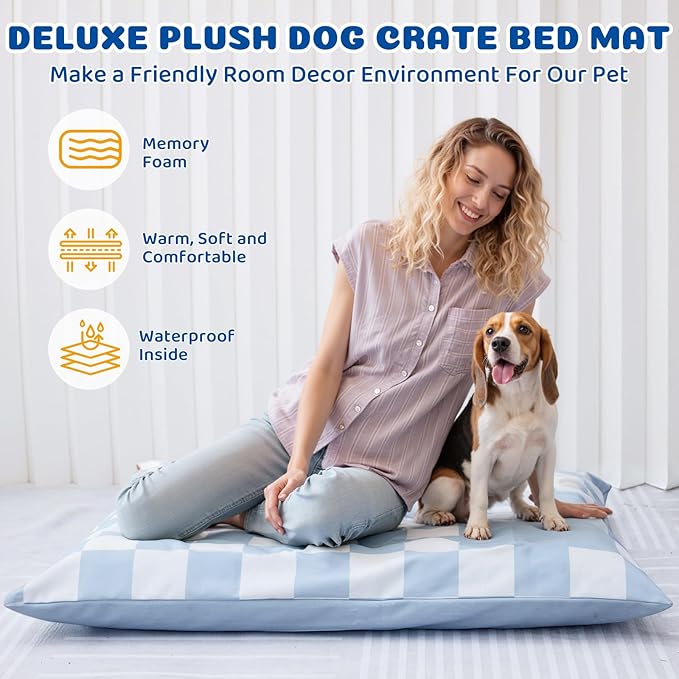 Large Dog Bed with Removable Washable Cover for Large Dogs Deluxe Plush Dog Crate Beds Comfy Kennel Pad Waterproof Lining and Blue Gel Memory Foam Memory Foam（Blue 40.2 * 30 * 4in）