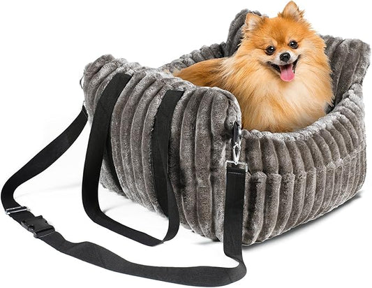 Dog Car Booster Seat, for Small Dogs Under 30 lbs, Detachable Washable Travel Bed with Storage Pockets and Safety Belt (Coffee, Medium)