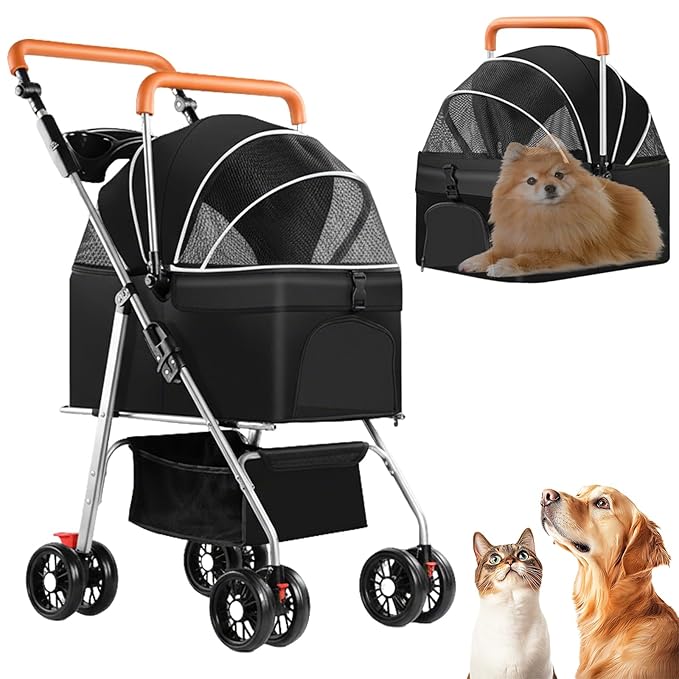 3 in 1 Dog Strollers 4 Wheels Folding Pet Stroller with Detachable Carrier Multifunction Portable Dogs Travel Carriers for Medium Small Puppy Kittens(Deep Black)