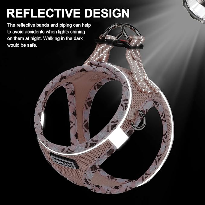 Mercano Soft Mesh Dog Harness and Leash Set, No-Chock Step-in Reflective Breathable Lightweight Easy Walk Vest Harnesses with Safety Buckle for Small Dogs, Cats (Champagne, M)