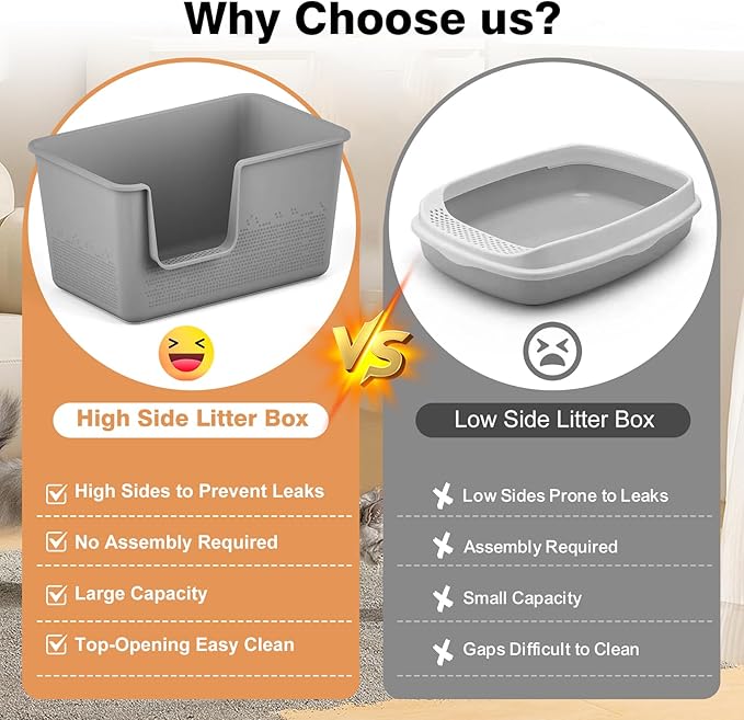 Cat Litter Box with High Sided,24.8" Lx11.4 Wx13.0 H,Extra Large Cat Litter Box for Big Cats,XL Jumbo Kitty Litter Box for Indoor Cats,Tool-Free Assembly (Grey)