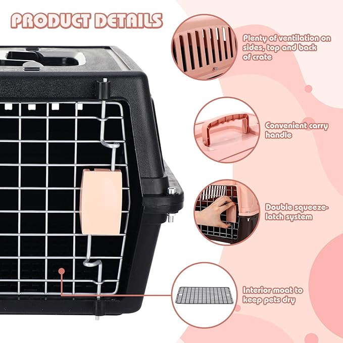 2 Set 18.9" Pet Carrier for Small Cats and Dogs, Hard Sided Plastic Cat Kennel for Pet with Front Door Security Lock Fully Breathable Travel Crate, up to 13 Lbs(Black,18.9 x 12.6 x 11.8 Inch)