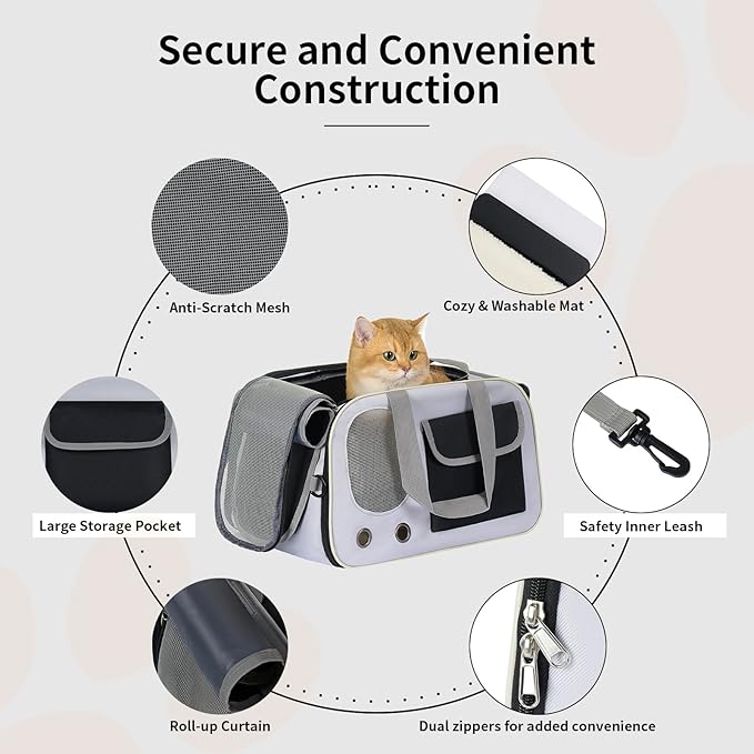 Cat, Dog Carrier for Pets up to 15 lbs, Soft-Sided Collapsible Pet Carrier with Sturdy Base, Roll-up Curtain and Large Storage Bag, Cat Bag for Medium Cats and Small Dogs
