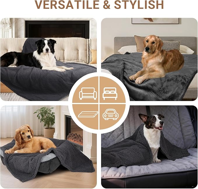 Waterproof Dog Blanket for Large Dogs - Reversible Washable Pet Blanket, Soft Sherpa Fleece Furniture Protector, Cat Throw Bed Couch, Grey, 60"x80"