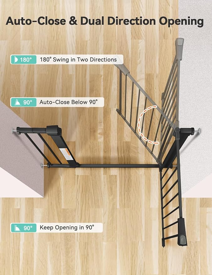 COMOMY 30" Tall Baby Gate for Stairs Doorways, Fits Openings 29.5" to 43.3" Wide, Auto Close Extra Wide Dog Gate for House, Pressure Mounted Easy Walk Through Pet Gate with Door, Black