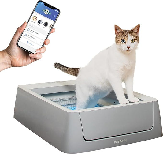 PetSafe ScoopFree Crystal Smart Self-Cleaning Automatic Litter Box - Uncovered Motion-Sensing Cat Box with Integrated Health Counter & App - Includes 1 Disposable Crystal Litter Tray