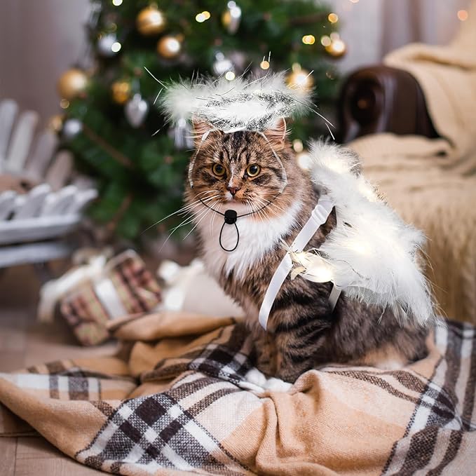 Pet Cat Angel Costume Dog Christmas Dog Costumes Light up Angel Wings for Cats and Headbands Sets with LED Lights White Pet Cat Clothes for Halloween Special Events Party Supplies