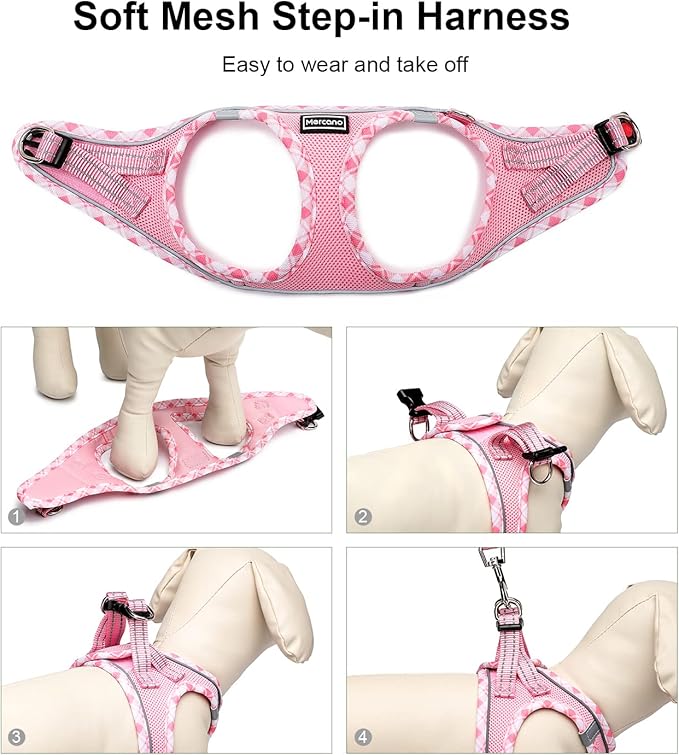 Mercano Soft Mesh Dog Harness and Leash Set, No-Chock Step-in Reflective Breathable Lightweight Easy Walk Vest Harnesses with Safety Buckle for Small Dogs, Cats (Pink, XL)