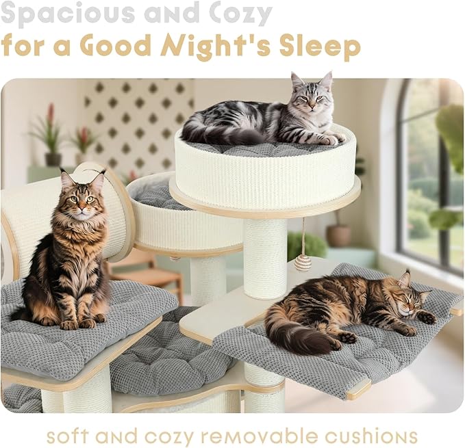 67'' Large Cat Tree,Castle Theme Multi-Levels Wood Cat Tower with Sisal Bed,Big Perchs with Removable Mats,Heavy Duty Modern Cat Condo for Indoor Cats Large Adult