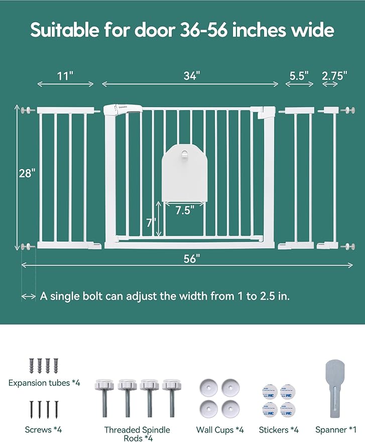 Babelio 36-56" Extra Wide Auto Close Baby Gate with Cat Door, Pet Gate Indoor with Extra Wide Walk Thru Door, Metal Dog Gate for Doorway, Stairs, Includes 4 Wall Cups and 3 Extension Pieces, White