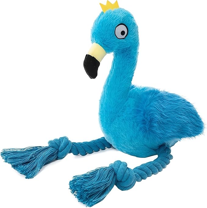 Plush Flamingo Dog Toy, Blue, Squeaky Stuffed Animal with Rope Legs, Interactive Chew Toy for Small, Medium Dogs