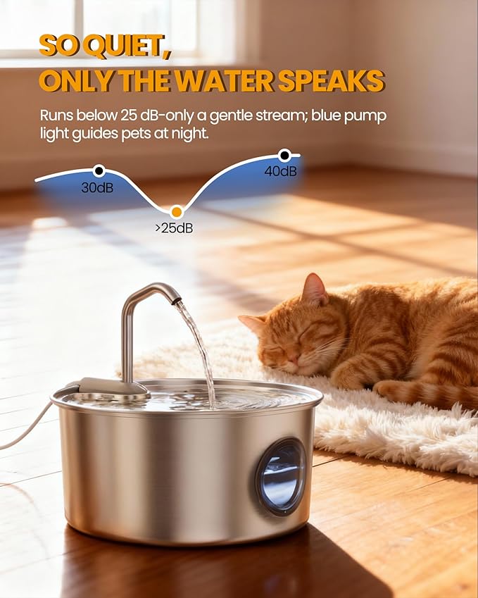 Cat Water Fountain Stainless Steel - 108oz/3.2L Automatic Cat Water Fountain for Drinking with 3 Pcs Filters, Metal Pet Water Fountain Water Dispenser for Cats, Puppy Dogs, Multiple Pets