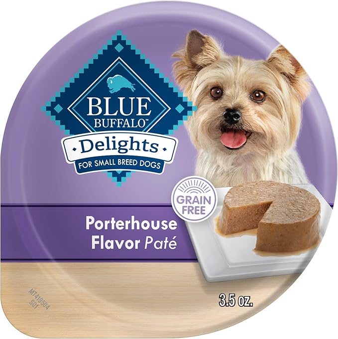 Blue Buffalo Delights Natural Adult Small Breed Wet Dog Food Cups, Pate Style, Porterhouse Flavor in Savory Juice 3.5-oz (Pack of 12)