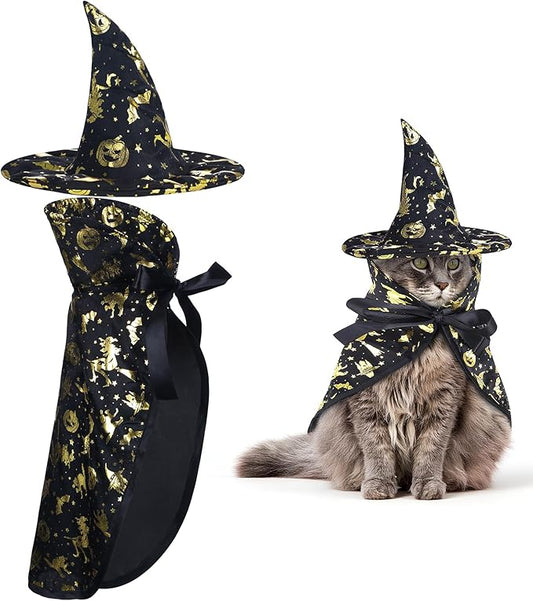 Frienda 2 Pieces Halloween Cat Costume Funny Wick Pet Vampire Cloak Witch Cape and Hat for Kitten Puppy Small Cat Dog Cosplay Halloween Party Supplies(Glitter Pumpkins)