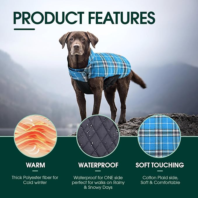 Kuoser Waterproof Dog Coat, Reversible Dog Jacket for Large Dogs, Adjustable Durable Doggie Winter Coat for Groowing Puppies Warm Puppy Cold Weather Apparel, Blue L