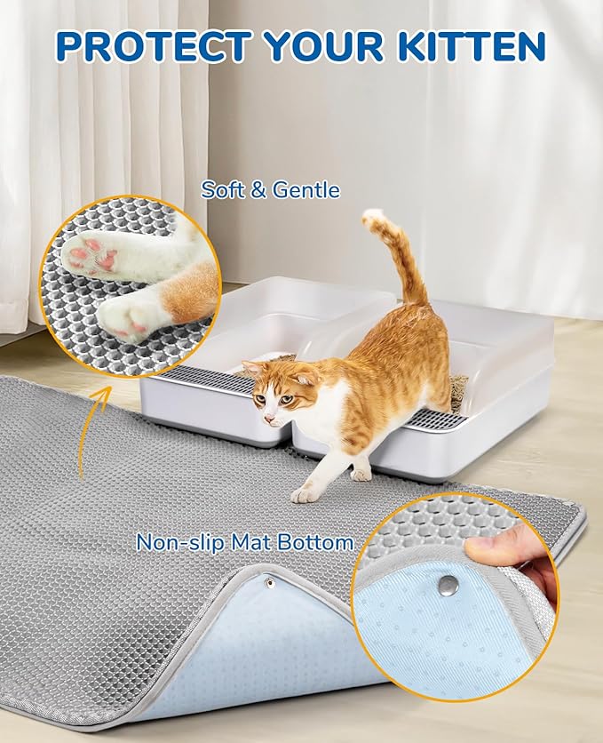 BurgeonNest 45"x32" Extra Large Cat Litter Mat, Honeycomb Double Layer Kitty Litter Trapping Mat, Urine Proof & Waterproof, Easy Clean, Machine Washable, Non-Slip, Scatter Control-Grey
