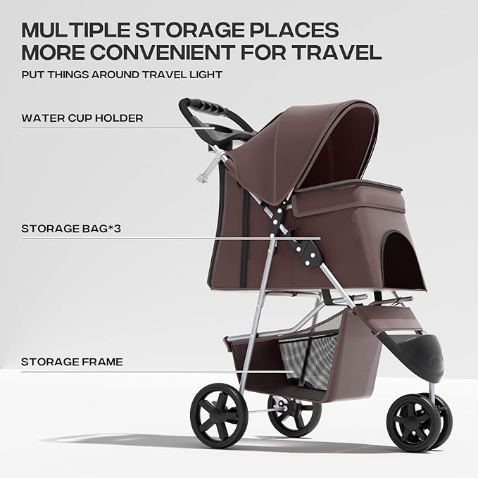 Cat Dog Stroller - 3-Wheels for Medium/Puppy Dogs 30 Lbs, Cats - Foldable with Storage Basket, Cup Holder, Breathable Mesh - Coffee