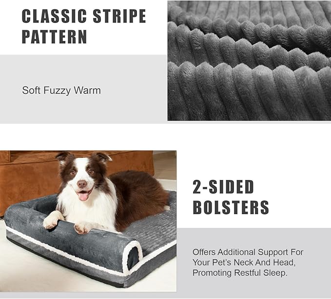 Patas Lague Orthopedic Jumbo Dog Bed Large Sized Dog 56''X40'', Waterproof Comfortable L Bolster Jumbo Non-Slip Soft Warm Pet Crate Bed Sleep Sofa mat with Removable Washable Cover, Grey