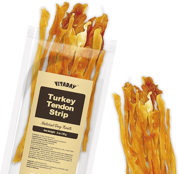 Turkey Tendon Strip 3 oz, 100% Natural, USA-Sourced Turkey Tendon, High-Protein, Low-Fat, Long-Lasting Dog Chew, Rawhide Alternative, Hypoallergenic Puppy & Dog Treats