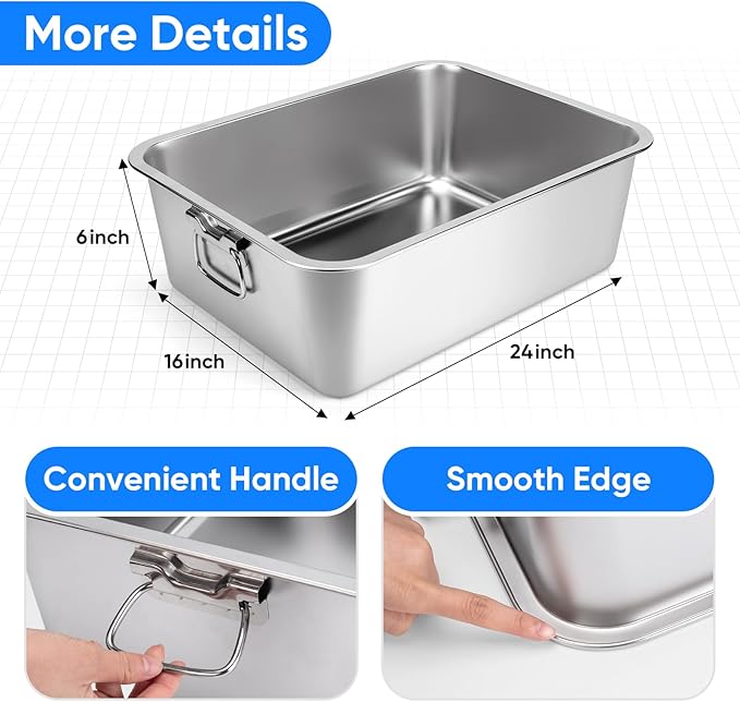 Stainless Steel Litter Box with Handle for Cat and Rabbit, 24" L x 16" W x 6" H, Odor Control Litter Pan, Fold-able Feeding Plate, Non Stick Smooth Surface