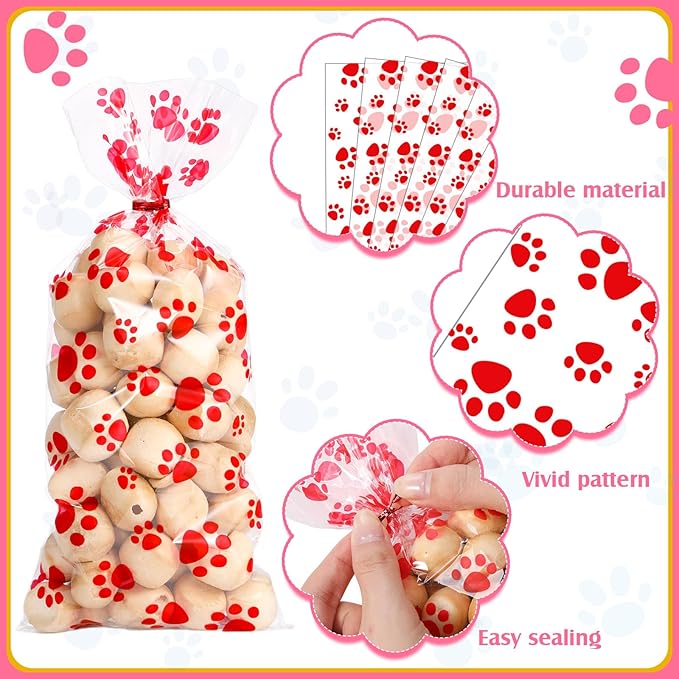 Blulu 100 Pieces Dog Treat Bags Puppy Party Favor Pet Paw Cone Cellophane Bags Candy Heat SealableDog Paw Gift with 100 Pieces Silver Twist Ties for Pet Cat Treat Party Favor(Red)