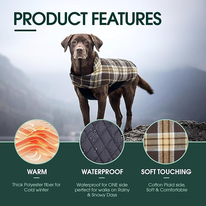 Kuoser Waterproof Dog Coat, Reversible Dog Jacket for Large Dogs, Adjustable Durable Doggie Winter Coat for Groowing Puppies Warm Puppy Cold Weather Apparel, New Brown L
