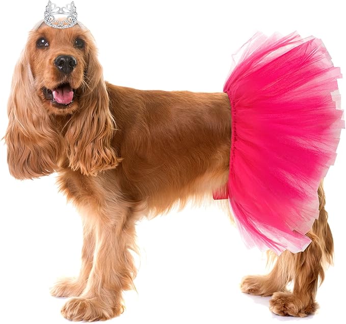2 Pcs Dog Crown Headband Dog Tutu Dress Set Crystal Rhinestone Tiara Crown Tutu Skirt Pet Dress Costume for Puppy Birthday Party Wedding Photo Prop Costume(Medium,Rose Red)