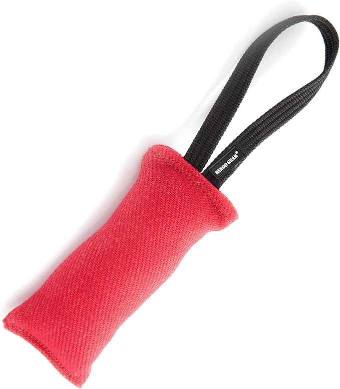 Dingo Gear French Linen tug Toy for Dog, Dog Bumper for Training, Agility, tug of war, Dog bite Pillow for Strong Dog, 1handle 8" red S00070