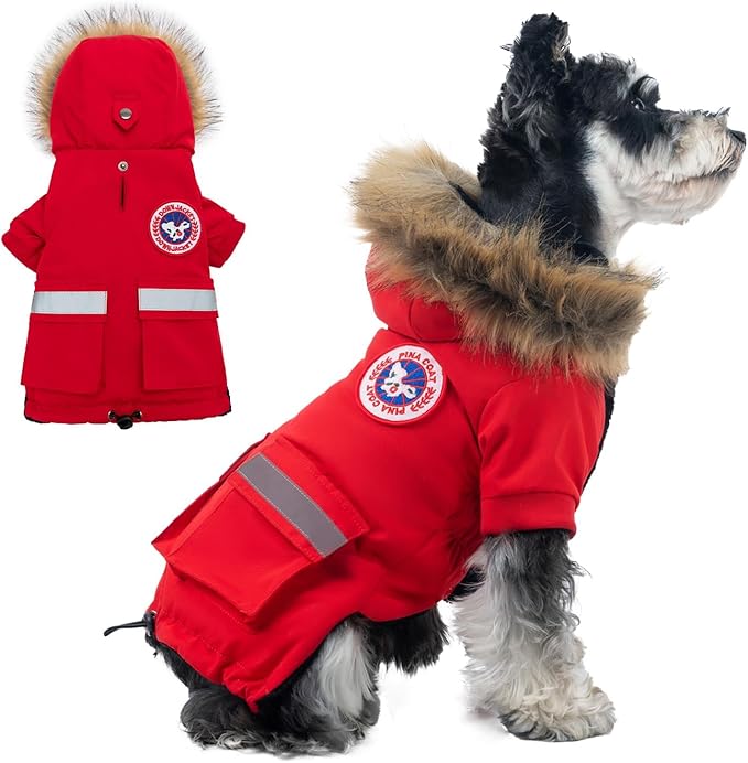 PINA Small Dog Coats - Waterproof & Windproof Dog Jacket, Winter Coat with Flannel Lining & Faux Fur Hood