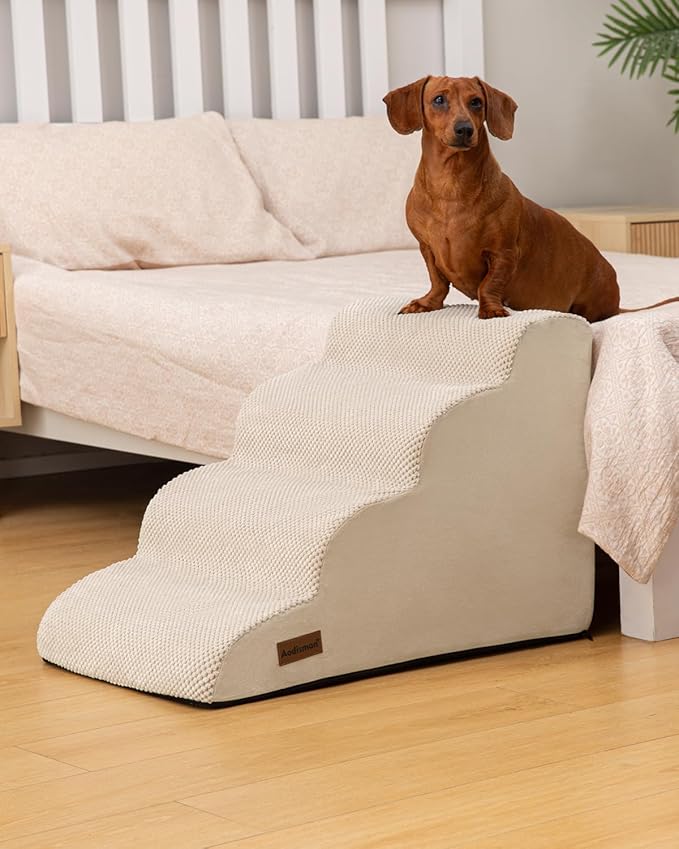 Dog Stairs Ramp for Bed and Couch,4 Step Dog Steps for Small Dogs,Pet Stairs with Non-Slip Bottom for Old Cats,Indoor Pet Steps,Comfort,Durable,17.4" H,Beige