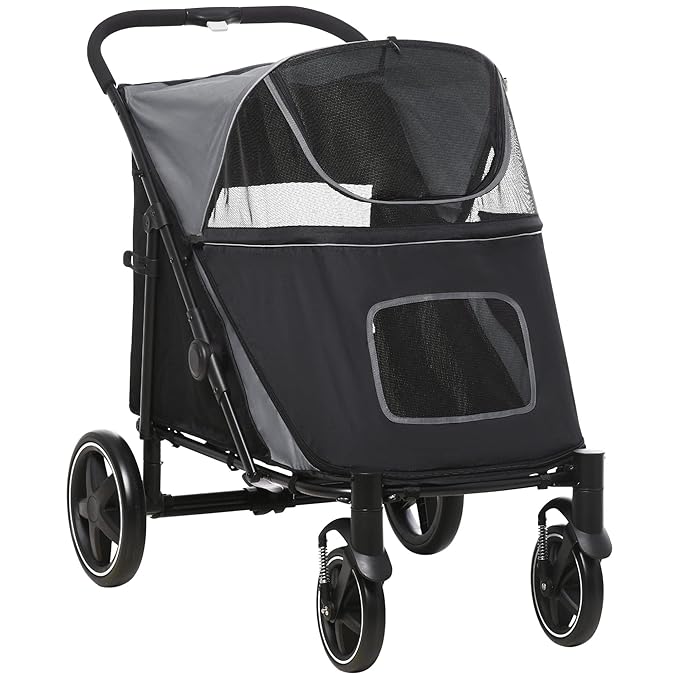 PawHut Dog Stroller for Large Medium Small Dogs up to 66 Lbs. 23.5" in Body Length, One-Click Foldable Pet Cat Stroller with Storage, Shock Absorption Wheels, Mesh Window, Safety Leash, Gray
