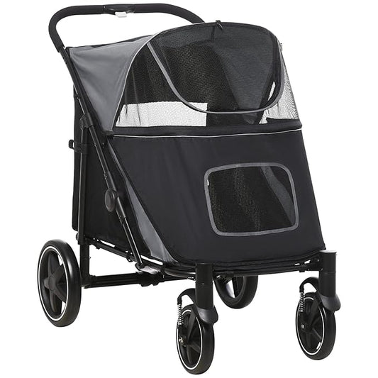 PawHut Dog Stroller for Large Medium Small Dogs up to 66 Lbs. 23.5" in Body Length, One-Click Foldable Pet Cat Stroller with Storage, Shock Absorption Wheels, Mesh Window, Safety Leash, Gray