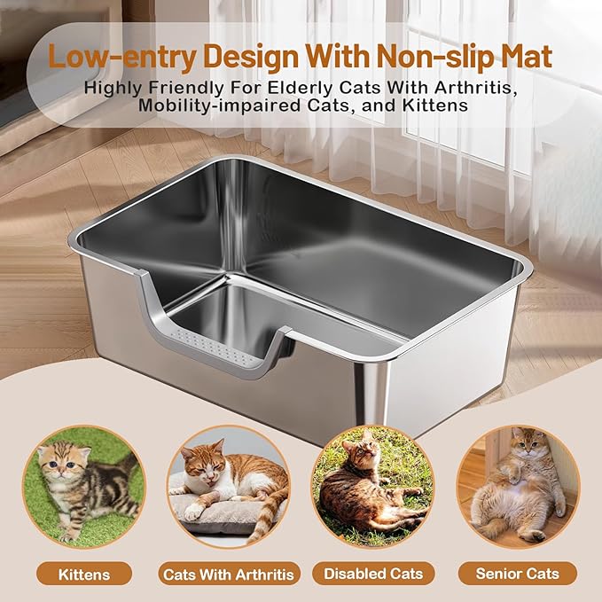 Stainless Steel Cat Litter Box, Large Metal Cat Pan Box, 6 Inch High Sides Low Entry Kitten Litter Boxes, Litter Pan for Older Cats, Easy Cleaning, Non Stick, No Smell, 17.7" x 13.8", Gray