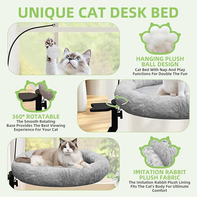 Cat Desk Bed - Hanging Plush Ball Design, 360° Rotating Round Cats Bed, Can Bear 50 Pounds, Soft Faux Rabbit Fur Material, Cat Hammock are Suitable for Various Desktops