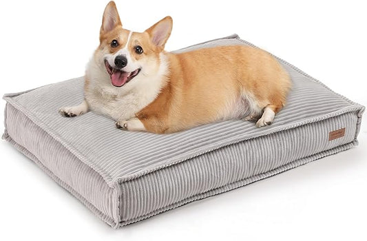 FUKUMARU Dog Bed, Thickened Corduroy Dog Beds Mat with Washable Cover, Large Waterproof Cotton Dogs Bed for Crate, Cozy Fluffy Pet Pillow Beds Kennel Pad with Non-Slip Bottom, 36inch, Light Grey