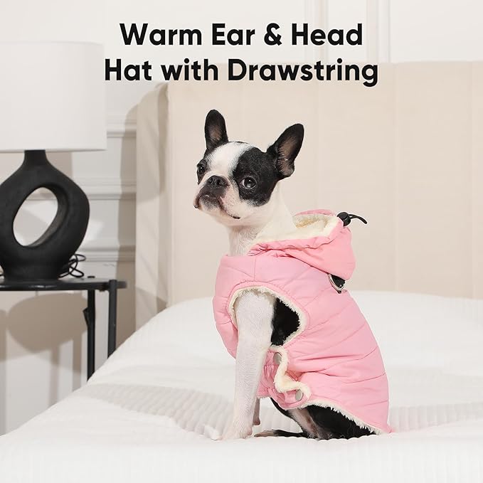 Fleece Lining Dog Hoodie with Harness Built in,Extra Warm Small Dog Jacket in Winter Puppy Coats with Drawstring Hooded,Light Pink XS