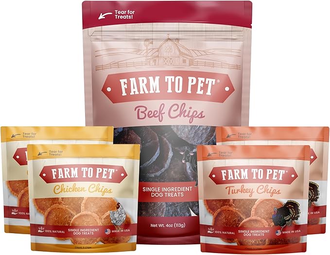 Farm To Pet - Puppy Training Treats Starter Pack Beef 4oz + 2 Chicken & 2 Turkey Snack Chips for Small Dogs - Value Pack Treats, 100% All Natural, Single Ingredient, Puppy Essentials Made in USA