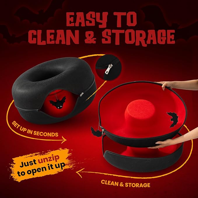 Cattasaurus Halloween Peekaboo Cat Cave for Multiple & Large Cats Up to 30-45 Lbs, Scratch Detachable & Washable Tunnel Bed, Comfy Donut Cat Cave (Gothic Bat, Large)