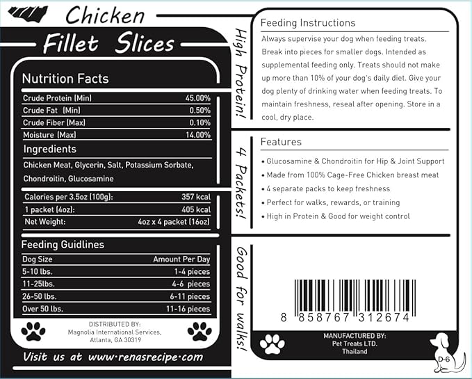 Rena's Recipe Chicken Fillet Slices 1 lb (4 oz X 4 Packs) Glucosamine & Chondroitin Added for Joing and Hip Health